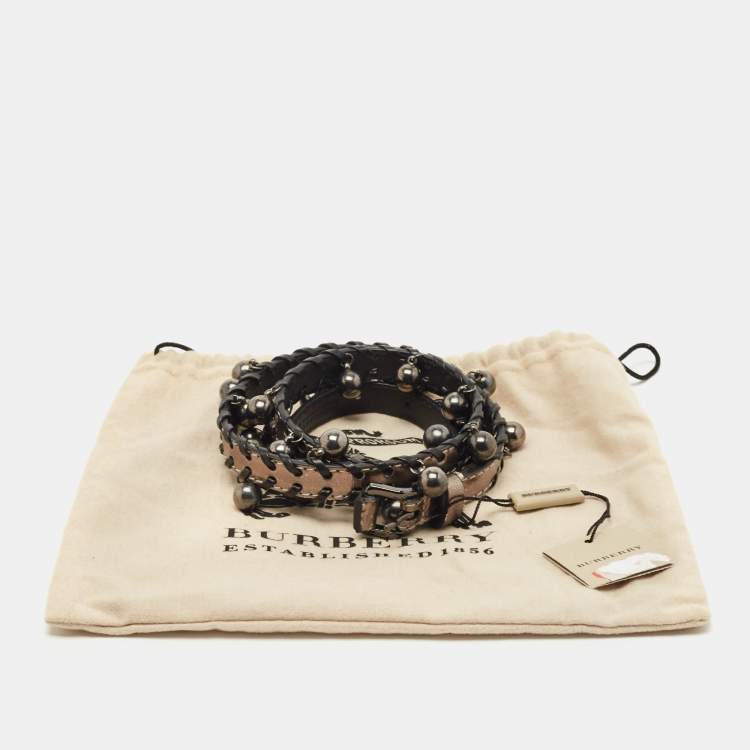 مملوكة مسبقًا Burberry Metallic/Black Whipstitch Leather Seabrook Slim Belt 70CM