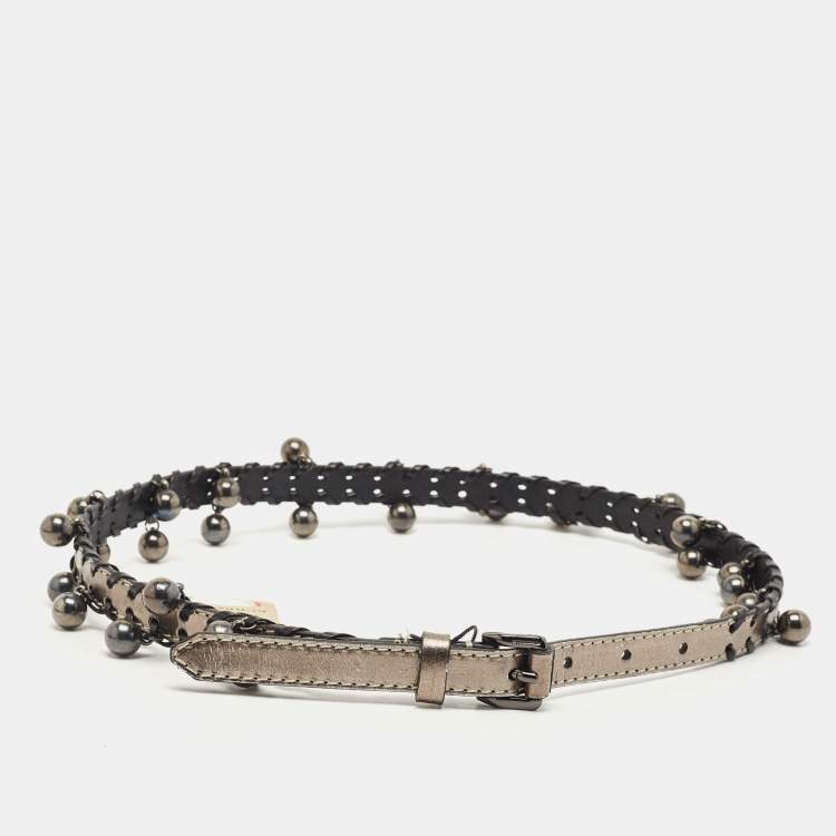 مملوكة مسبقًا Burberry Metallic/Black Whipstitch Leather Seabrook Slim Belt 70CM