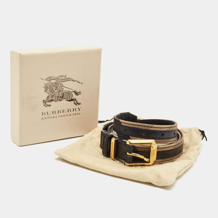 Pre Owned Burberry Black/Beige House Check Canvas and Leather Buckle Belt 90CM