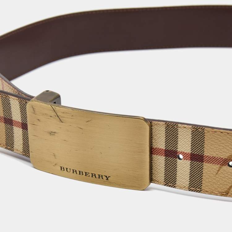 Pre Owned Burberry Beige Haymarket Coated Canvas Logo Plague Cut to Size Belt 100CM
