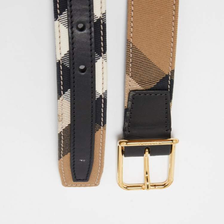 Pre Owned Burberry Beige/Black Haymarket Check Canvas and Leather Buckle Slim Belt 90 CM