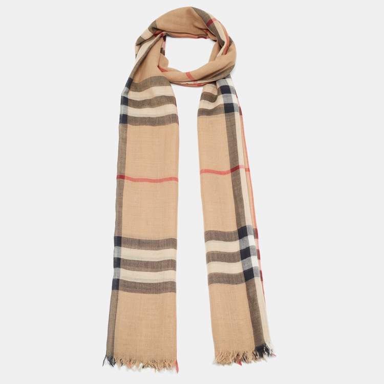 Pre Owned Burberry Dark Beige Nova Check Wool & Silk Stole