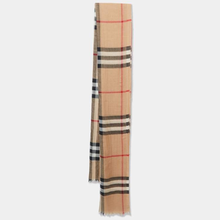 Pre Owned Burberry Dark Beige Nova Check Wool & Silk Stole