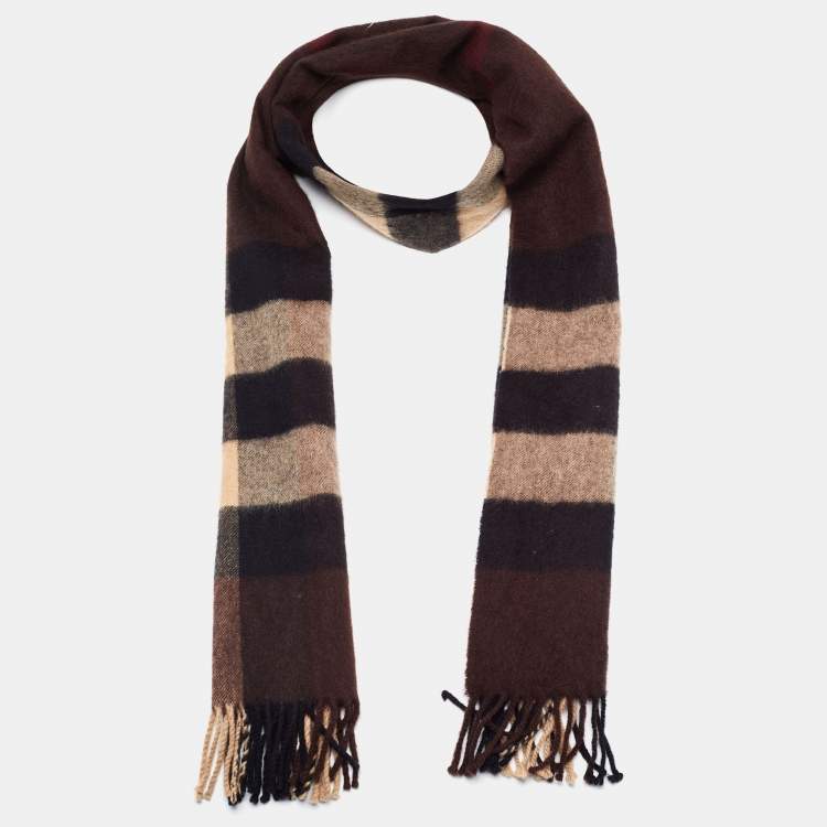 Pre Owned Burberry Brown Giant Check Cashmere Fringed Stole