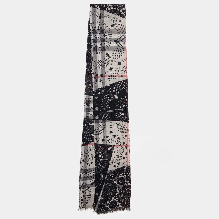 Pre Owned Burberry Beige & Black Printed Wool & Silk Shawl