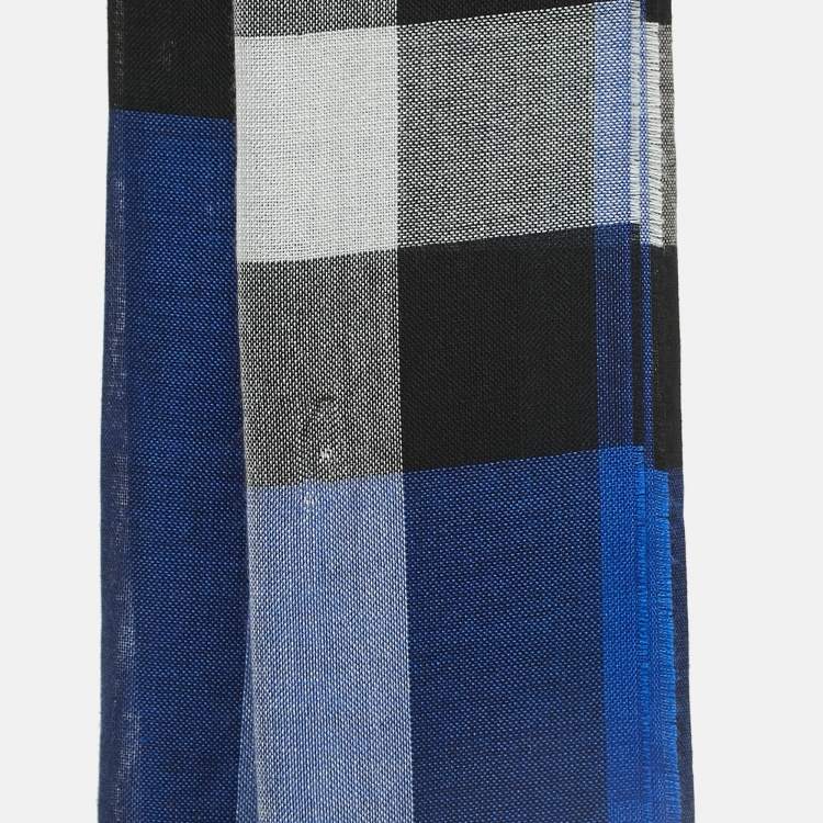 Pre Owned Burberry Blue Checkered Silk & Cashmere Fringed Shawl