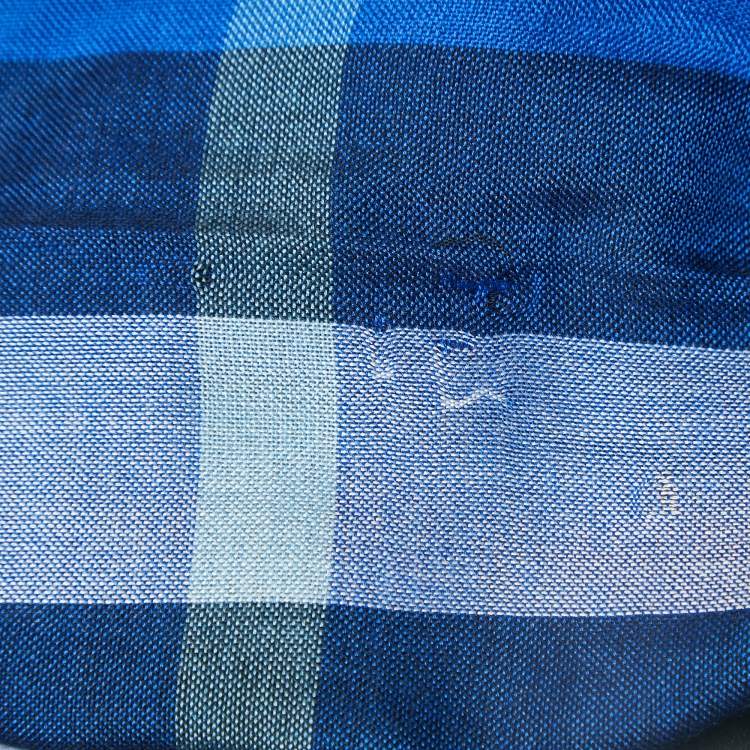 Pre Owned Burberry Blue Checkered Silk & Cashmere Fringed Shawl