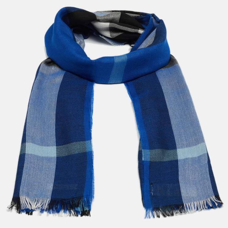 Pre Owned Burberry Blue Checkered Silk & Cashmere Fringed Shawl