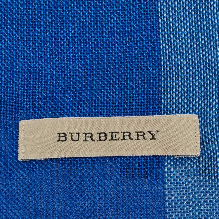 Pre Owned Burberry Blue Checkered Silk & Cashmere Fringed Shawl