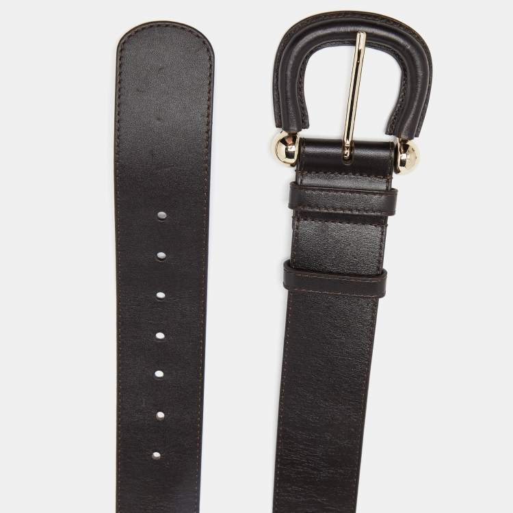 Pre Owned Burberry Dark Brown Leather Waist Wide Buckle Belt 90CM