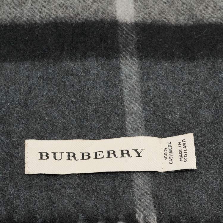 Pre Owned Burberry Grey Check Patterned Cashmere Fringed Scarf