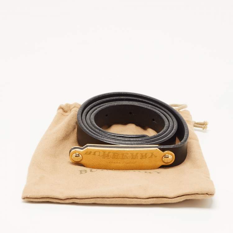 Pre Owned Burberry Black/Gold Leather Logo Plague Belt 85CM
