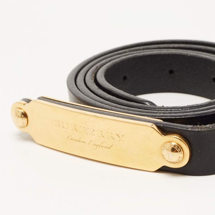 Pre Owned Burberry Black/Gold Leather Logo Plague Belt 85CM