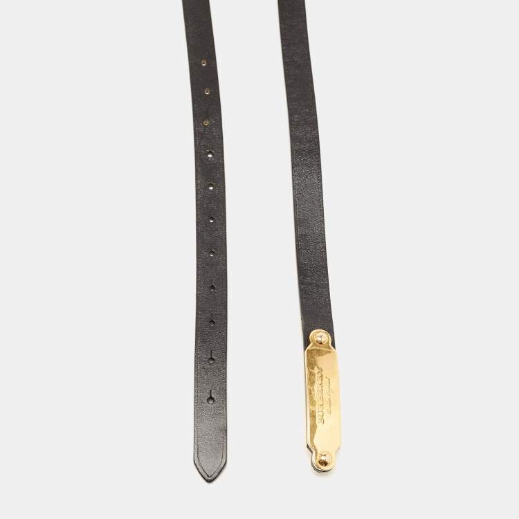 Pre Owned Burberry Black/Gold Leather Logo Plague Belt 85CM