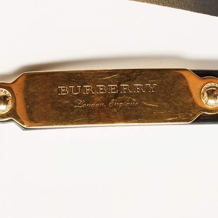 Pre Owned Burberry Black/Gold Leather Logo Plague Belt 85CM