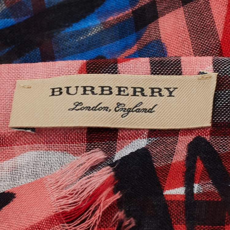 Pre Owned Burberry Multicolor Scribbled Check Print wool & Silk Fringed Stole