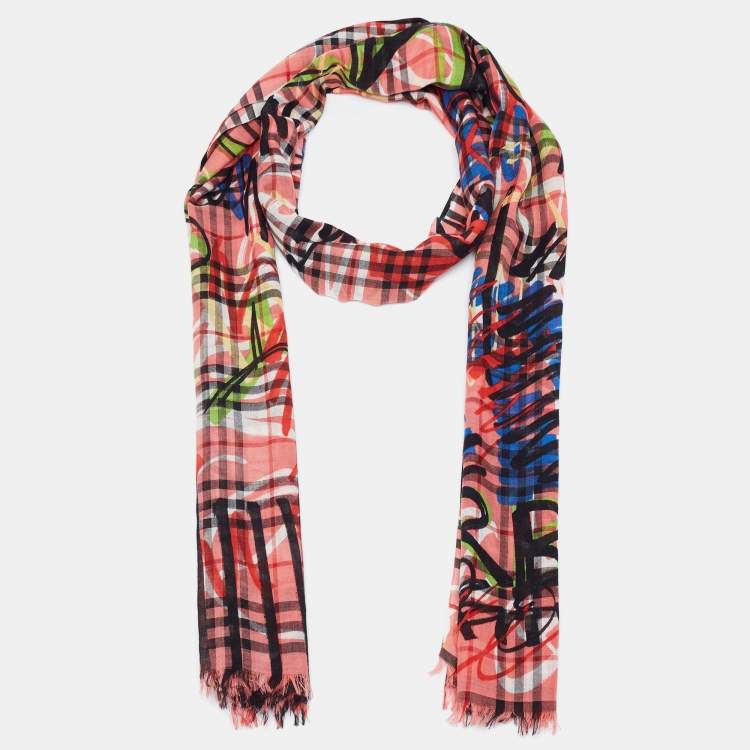 Pre Owned Burberry Multicolor Scribbled Check Print wool & Silk Fringed Stole