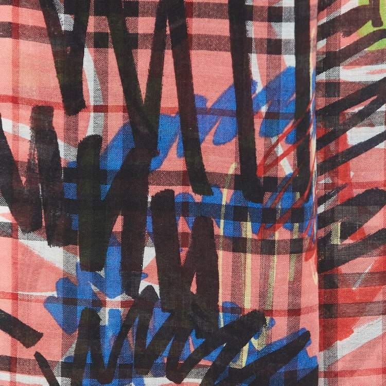 Pre Owned Burberry Multicolor Scribbled Check Print wool & Silk Fringed Stole