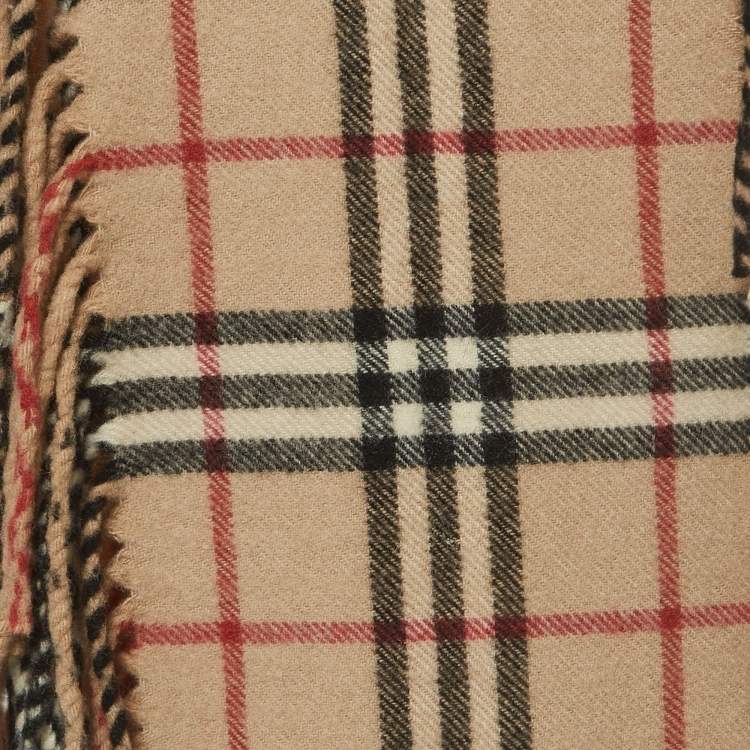Pre Owned Burberry Beige Checked Cashmere Fringed Scarf