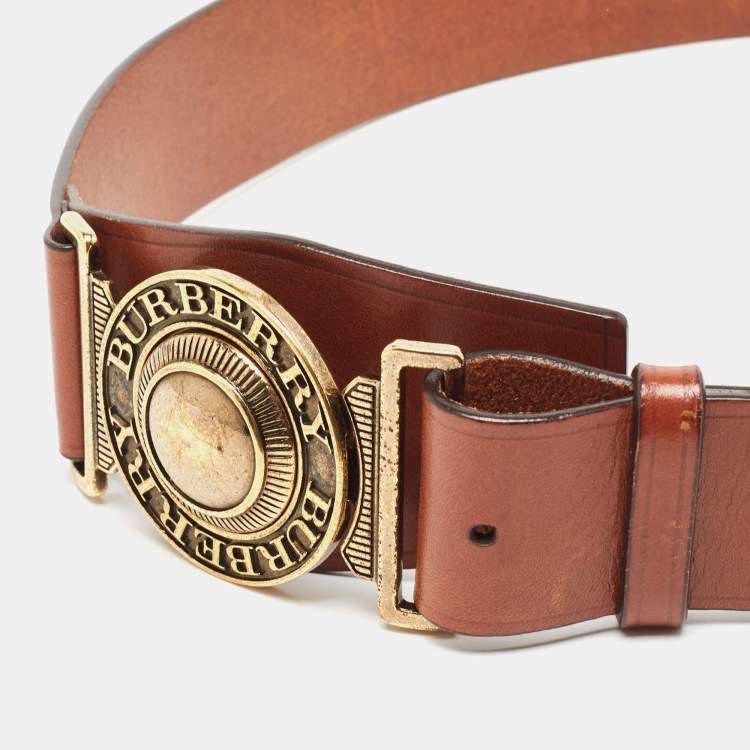 Pre Owned Burberry Brown Leather Round Buckle Belt Size 80 CM