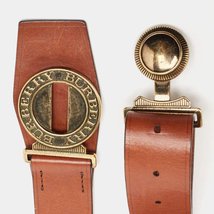 Pre Owned Burberry Brown Leather Round Buckle Belt Size 80 CM