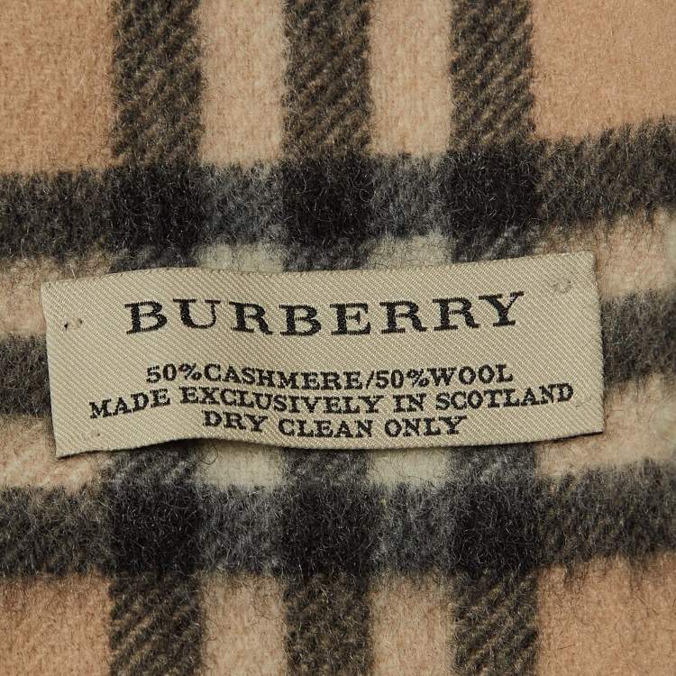 Pre Owned Burberry Beige Checked Cashmere and Wool Fringed Muffler