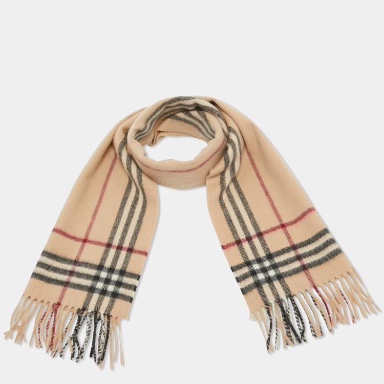 Pre Owned Burberry Beige Checked Cashmere and Wool Fringed Muffler