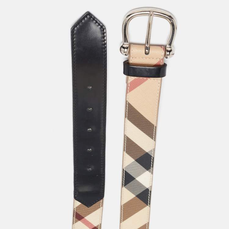 Pre Owned Burberry Beige/Black House Check PVC and Leather Buckle Belt 100CM
