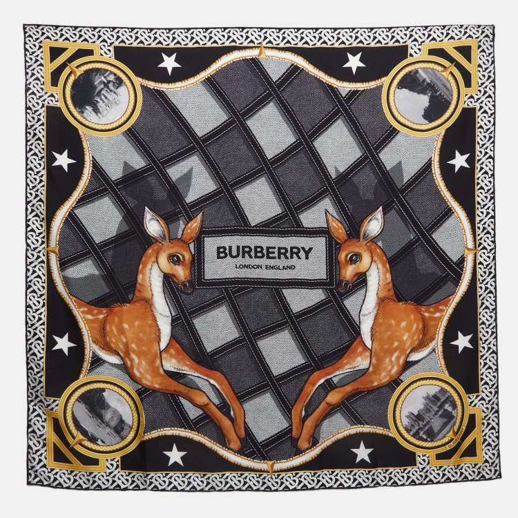 Pre Owned Burberry Black Deer Print Silk Square Scarf