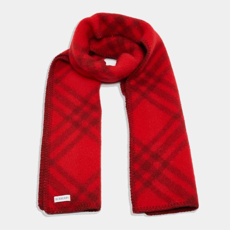 Pre Owned Burberry Red Tri Bar Check Wool Scarf 