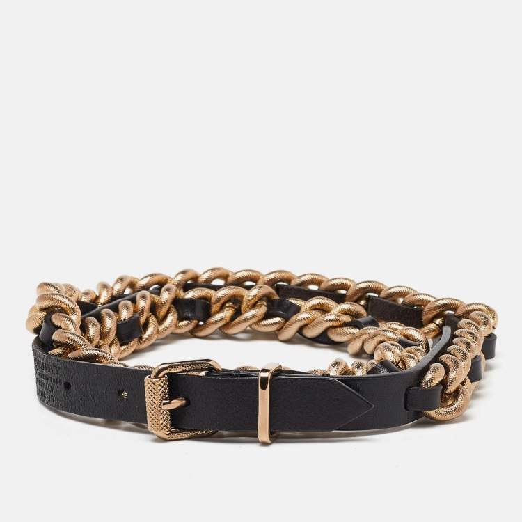 Pre Owned Burberry Black/Gold Leather and Chain Waist Belt S