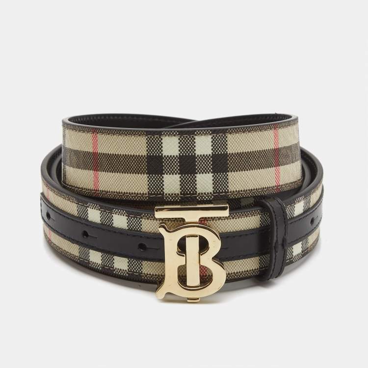 Pre Owned Burberry Black/Beige House Check Coated Canvas and Leather TB Logo Belt M