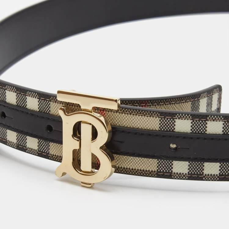 Pre Owned Burberry Black/Beige House Check Coated Canvas and Leather TB Logo Belt M