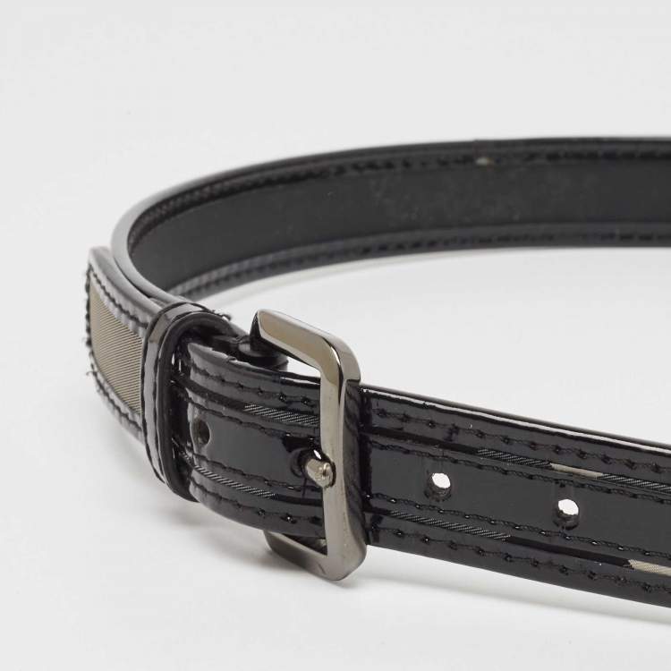 Pre Owned Burberry Black Smoked Check Fabric and Patent Leather Buckle Belt 90CM