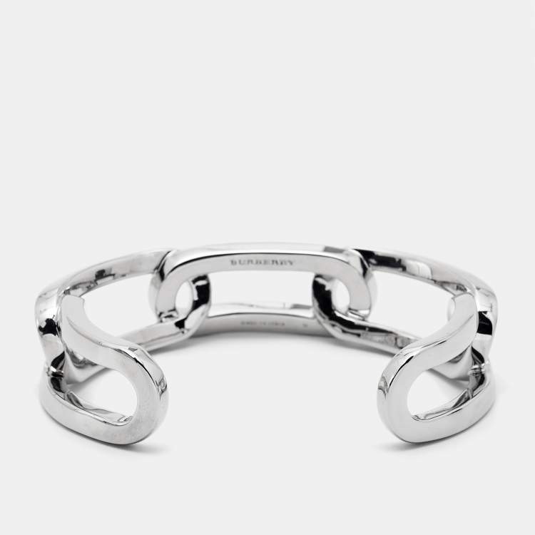 Pre Owned Burberry Chain Link Motif Silver Tone Open Cuff Bracelet M