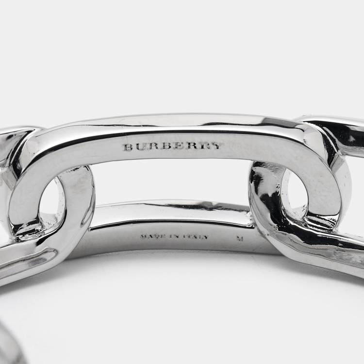 Pre Owned Burberry Chain Link Motif Silver Tone Open Cuff Bracelet M