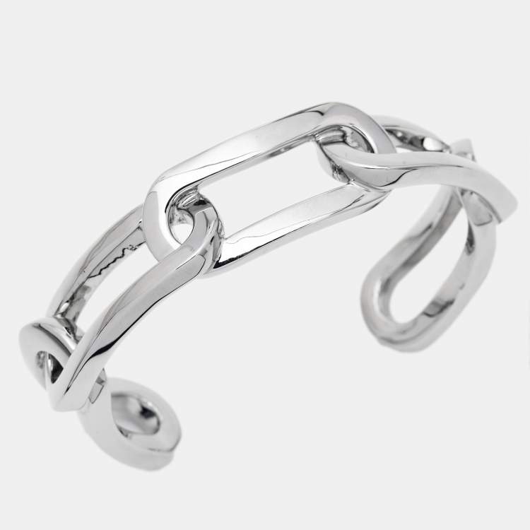 Pre Owned Burberry Chain Link Motif Silver Tone Open Cuff Bracelet M