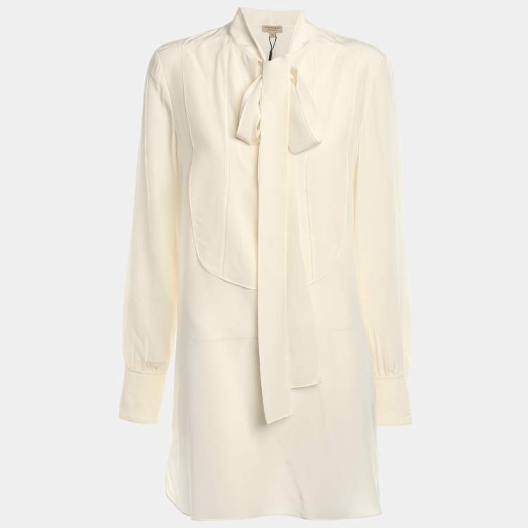 Pre Owned Burberry Cream Silk Neck Tie Long Sleeves Top S