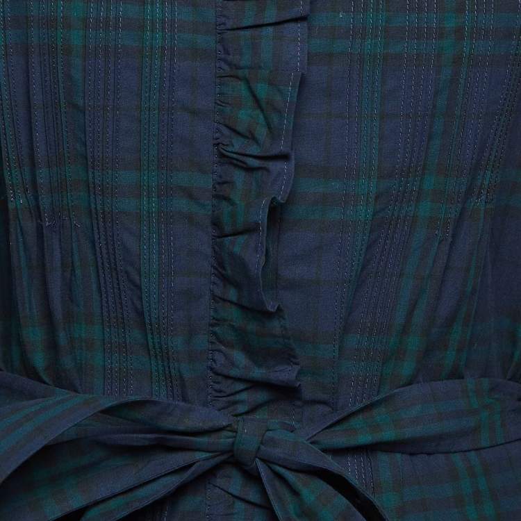 Pre Owned Burberry Navy Blue Plaid Cotton Ruffled Mini Dress L