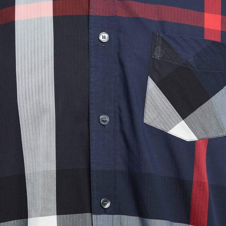 Pre Owned Burberry Navy Blue Plaid Button Down Shirt L