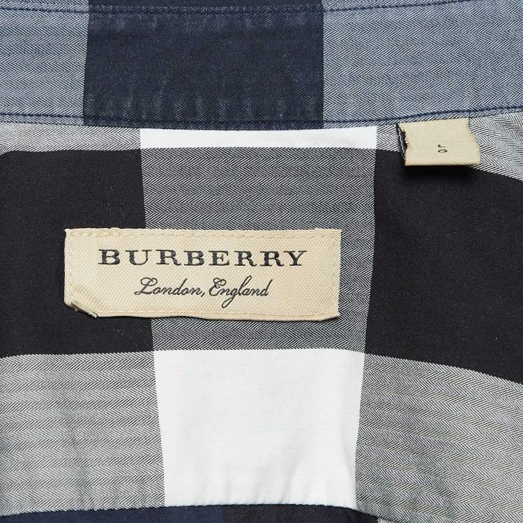 Pre Owned Burberry Navy Blue Plaid Button Down Shirt L