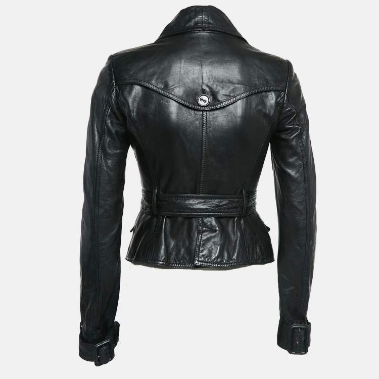 Pre Owned Burberry Black Leather Belted Button Front Jacket S