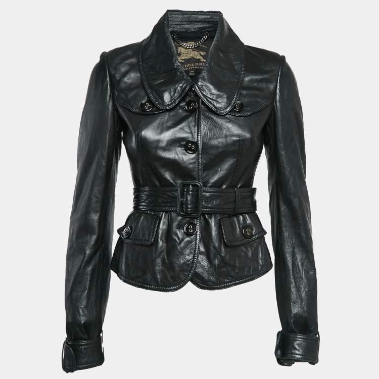 Pre Owned Burberry Black Leather Belted Button Front Jacket S