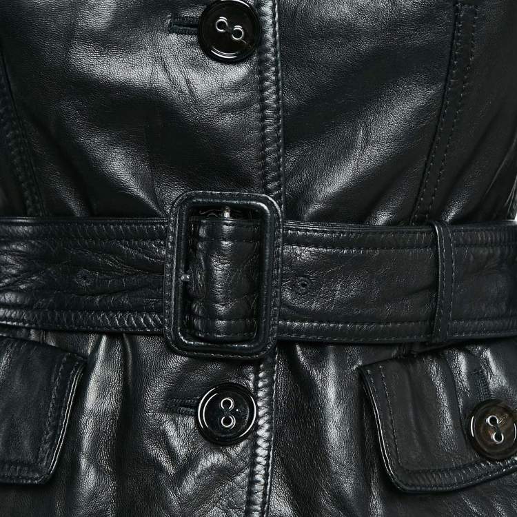 Pre Owned Burberry Black Leather Belted Button Front Jacket S