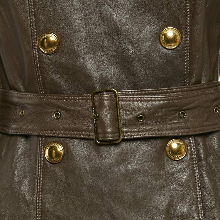 Pre Owned Burberry Brown Leather Double Breasted Trench Coat S