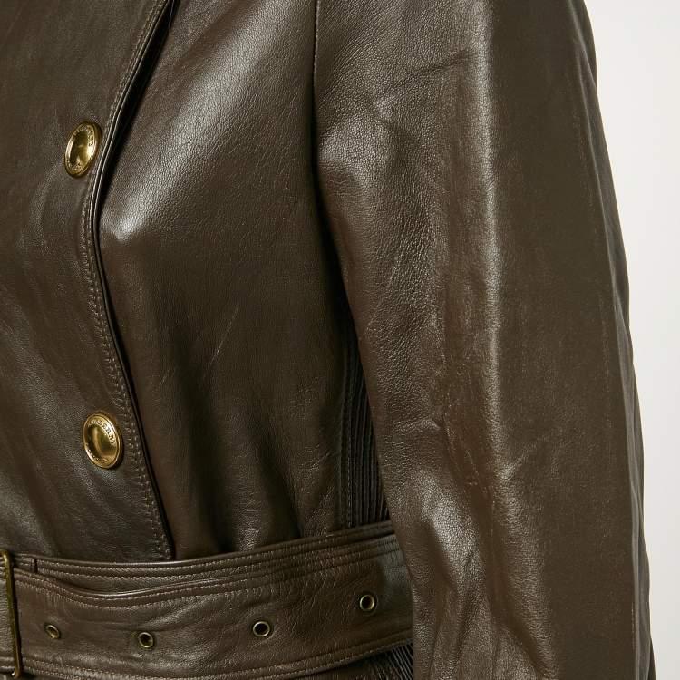 Pre Owned Burberry Brown Leather Double Breasted Trench Coat S