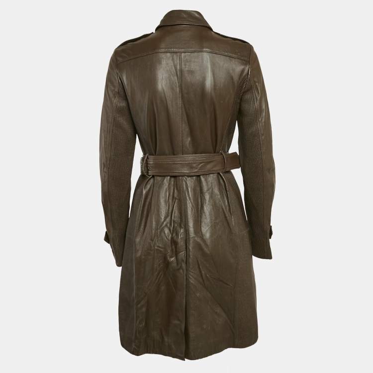 Pre Owned Burberry Brown Leather Double Breasted Trench Coat S