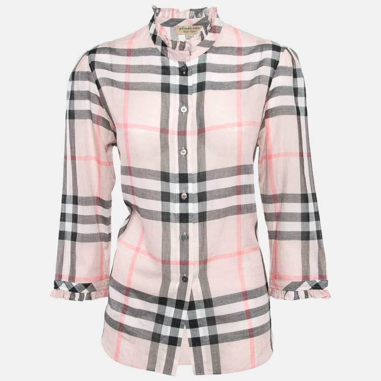 Burberry Pink Plaid Cotton Puff Sleeves Ruffled Button Front Top S Burberry TLC