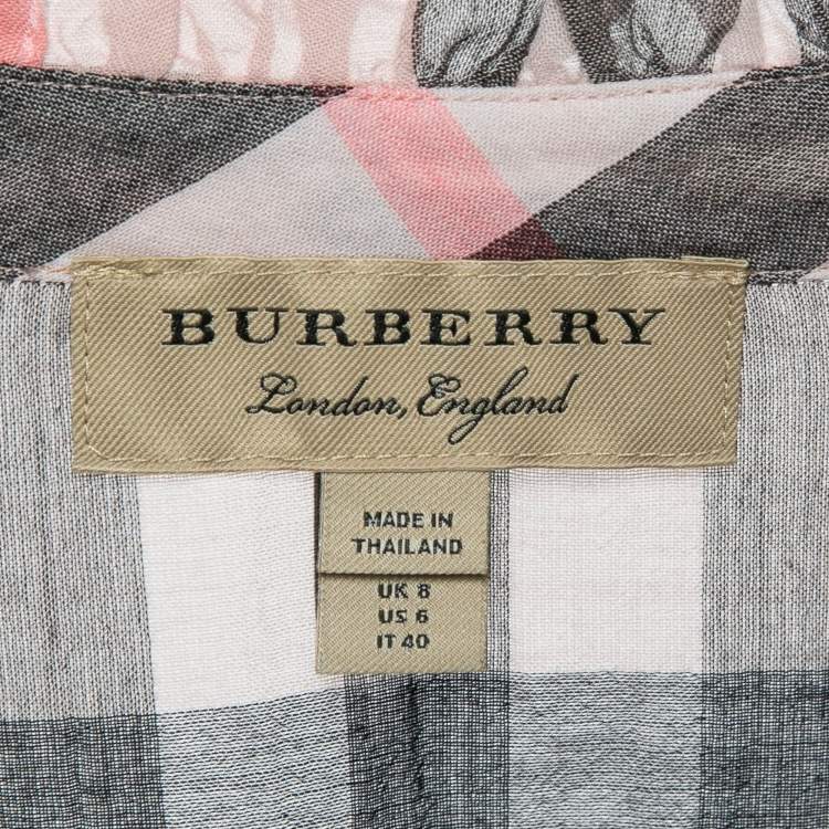 Pre Owned Burberry Pink Plaid Cotton Puff Sleeves Ruffled Button Front Top S