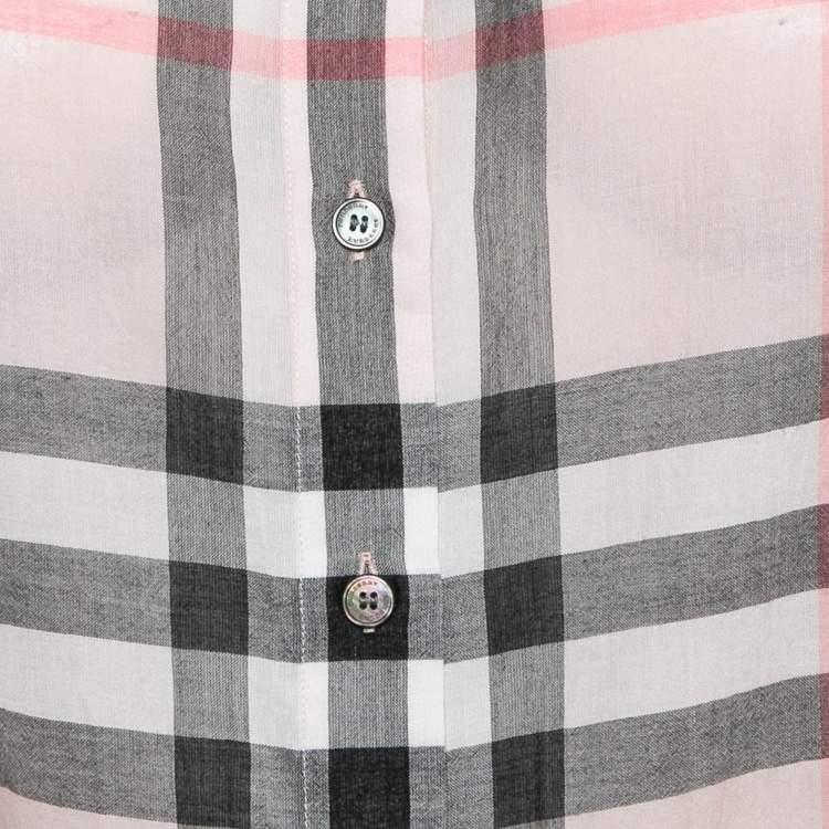 Pre Owned Burberry Pink Plaid Cotton Puff Sleeves Ruffled Button Front Top S